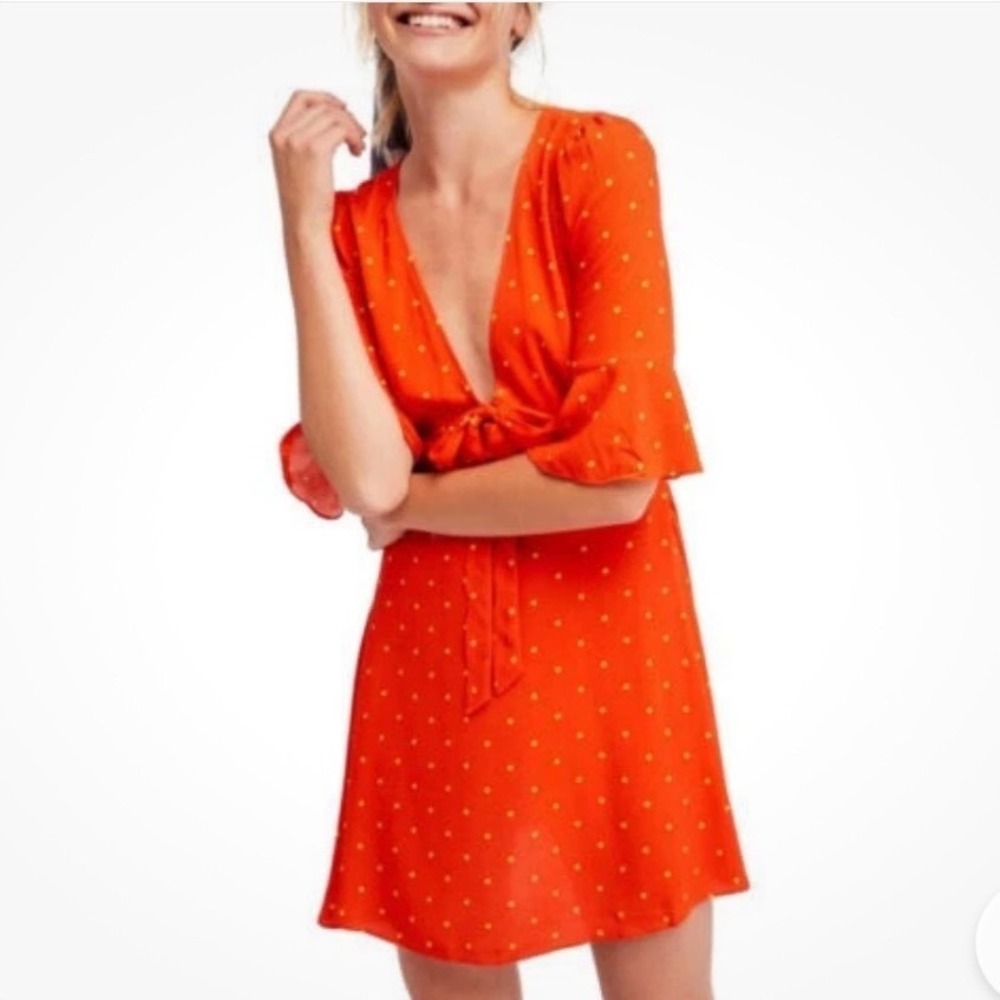 Free People All Yours Polka Dot Dress Women's Size 2 Orange‎ Fit Flare V-neck